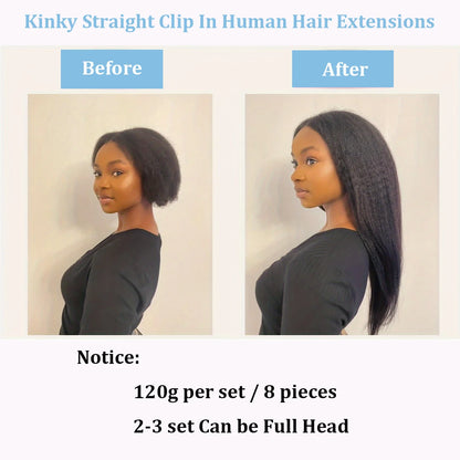 Kinky Straight Clip-In Hair Extensions – 100% Real Human Hair, Natural Black, 8 Pcs/120g, Full Head Brazilian Remy