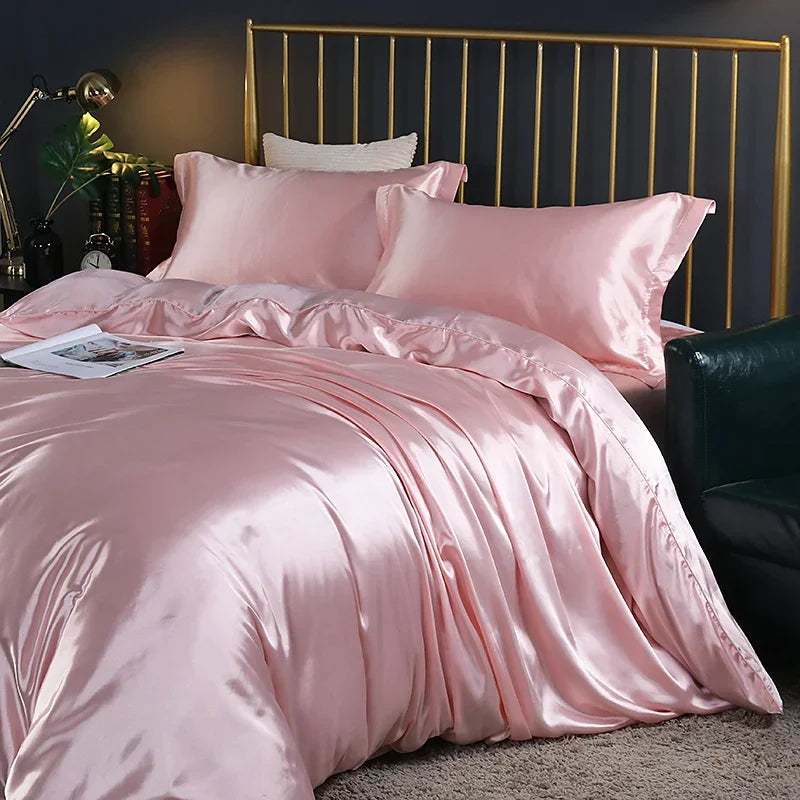 Silk Bedding Set With Duvet Cover - Luxury Satin Bed Sheet Pillowcase Set Solid Color King Queen Twin Size
