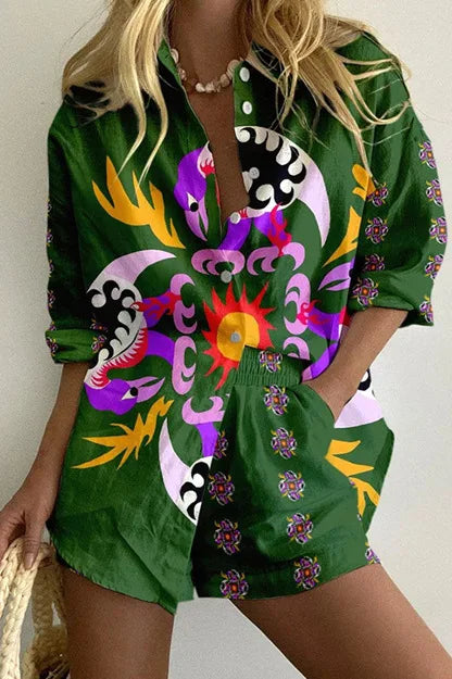 Women’s Summer 2-Piece Set – Lapel Short-Sleeve Shirt & Shorts, Elegant Loose Printed Outfit