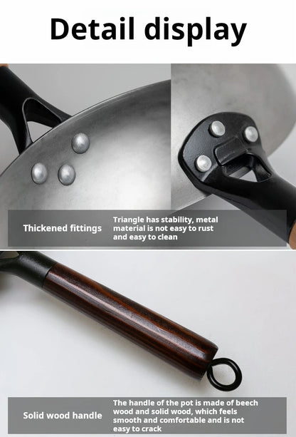 30cm Traditional Hand-Forged Iron Frying Pan, Non-Coated with Wooden Handle, Old-Style Household Cookware