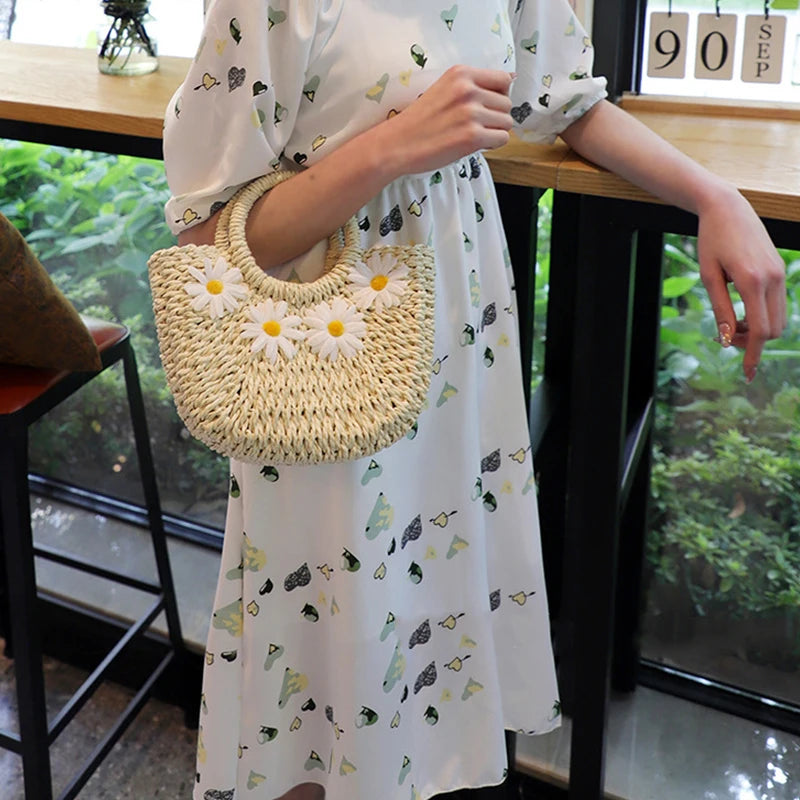 Hand-Woven Straw Beach Bag – Women’s Handmade Moon Basket Crossbody Bohemian Summer Tote