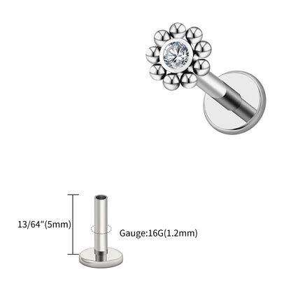 Right Grand ASTM F136 Titanium 16G Mini Beaded Sun Labret Stud CZ Flower – Tragus, Helix, Conch & Nose Piercing Body Jewelry