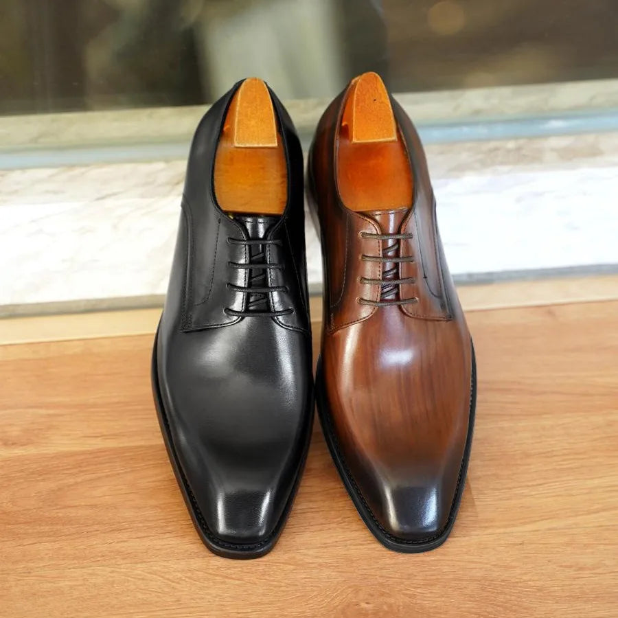 Men's Wood Grain Leather Derby Shoes - Square Toe Business Casual Office Dress Shoes