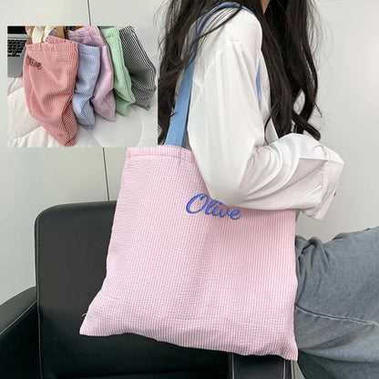 Striped Canvas Shoulder Bag - Custom Embroidered or Standard Back-to-School Tote