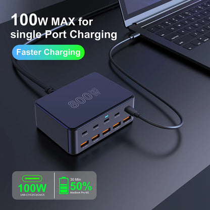 800W USB-C GaN Fast Charger - 100W PD3.0 PPS QC3.0 Multiport Charging Station for iPhone, Samsung & Laptops