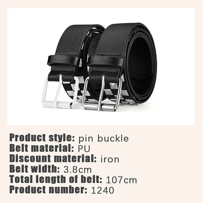 Personalized Rivets Checkerboard PU Leather Belt – 107CM Universal Hip-Hop Punk Fashion Belt for Men & Women
