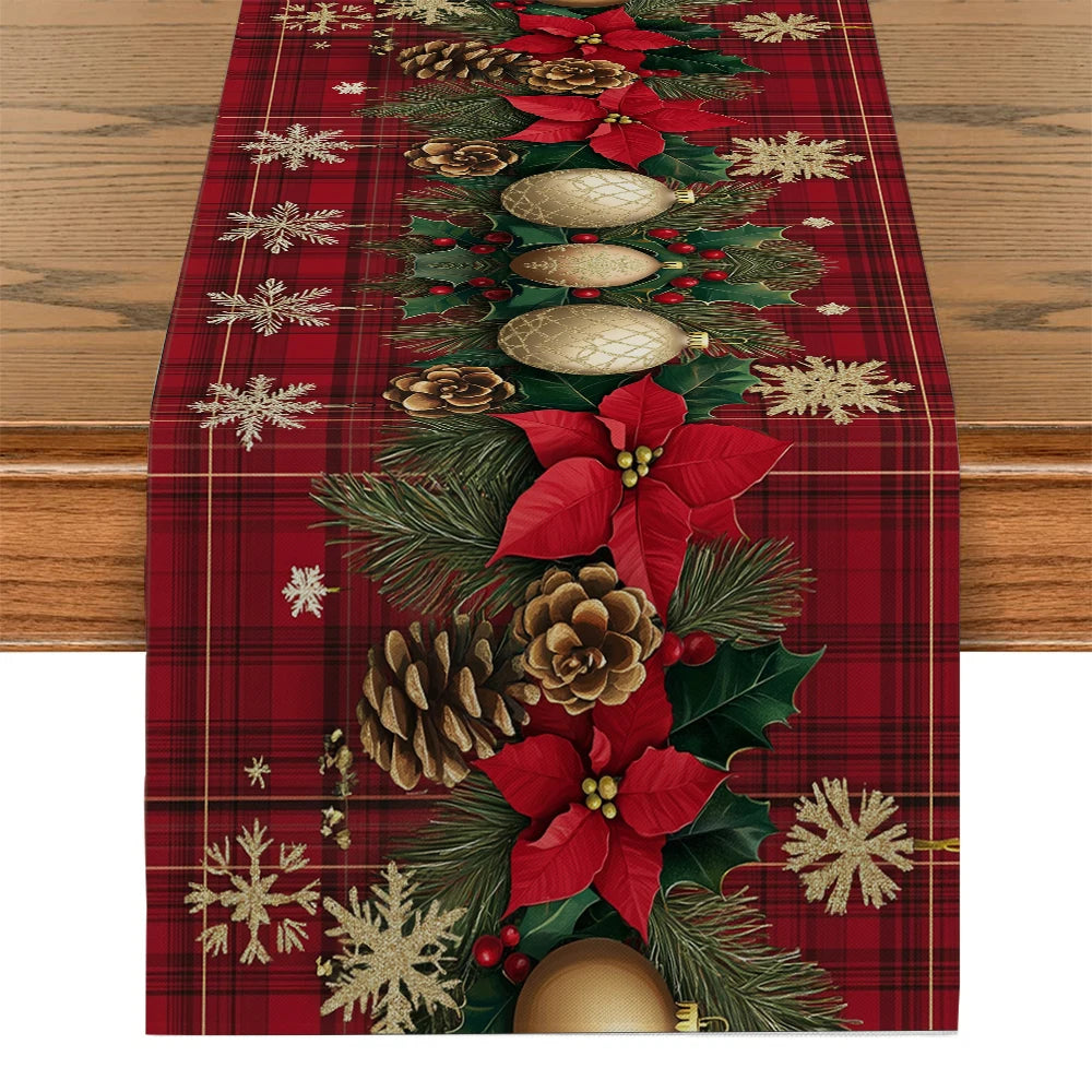 Christmas Poinsettia Table Runner - Holly Snowflake Holiday Dining Decor for Kitchen, Coffee Table & Party Settings