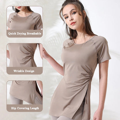 Women’s Short Sleeve Yoga Workout Top – Breathable Gym Fitness Shirt with Side Drawstring Split Hem Sportswear for Training & Running