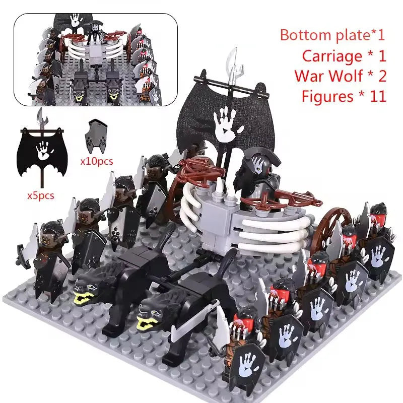 MOC Medieval LOTR Figures — Black Wolves & Mounted Chariots Action Dolls, Assembled Brick Building Blocks Toy