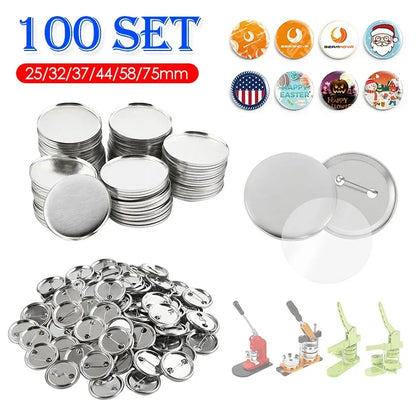 100 Sets Round Badge Pin Button Maker Machine - 25/32/37/44/58MM, DIY Punch Press Machine, Manual Badge Parts Consumables