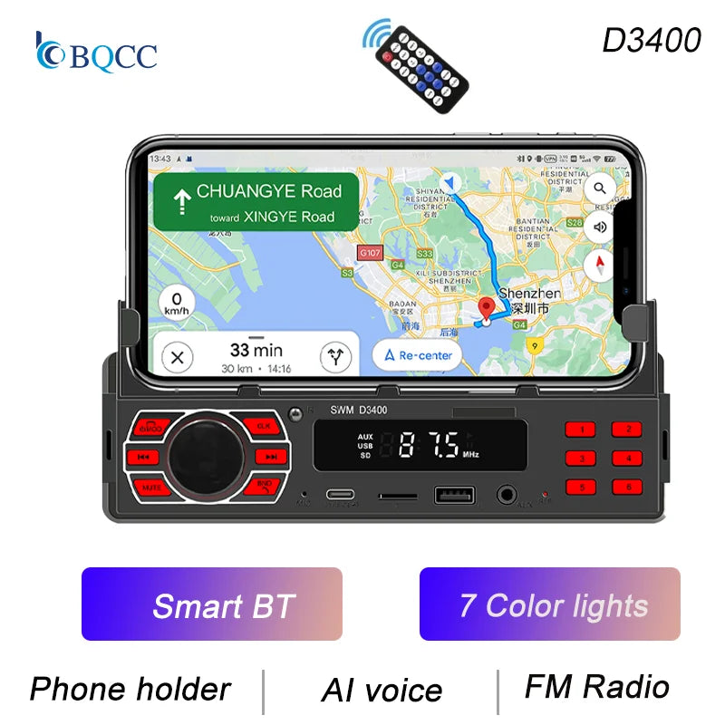 BQCC 1 Din Bluetooth Car Stereo - MP3 FM Radio with USB, TF, AUX, Dual USB & 7-Color LED Lights