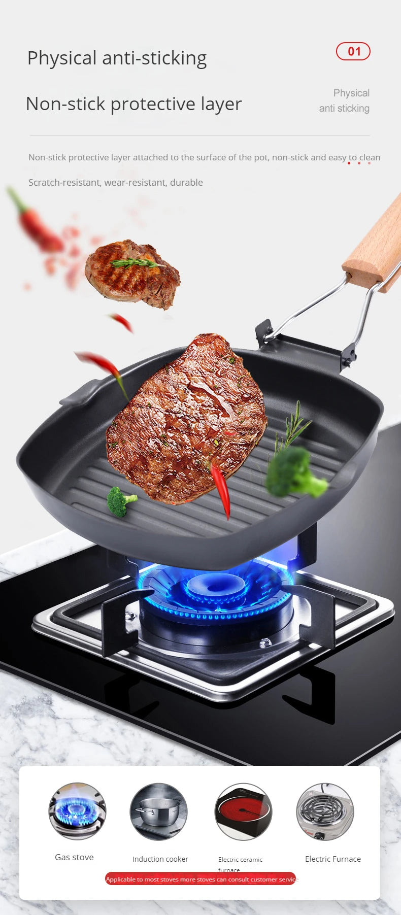Foldable Portable Grill Pan – Double-Mouth Steak Pan with Anti-Scald Wooden Handle for Outdoor Cooking