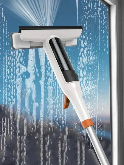 Double-Sided Window Cleaning Tool - Spray Glass Cleaner with Scrubber Handle and Outdoor Squeegee