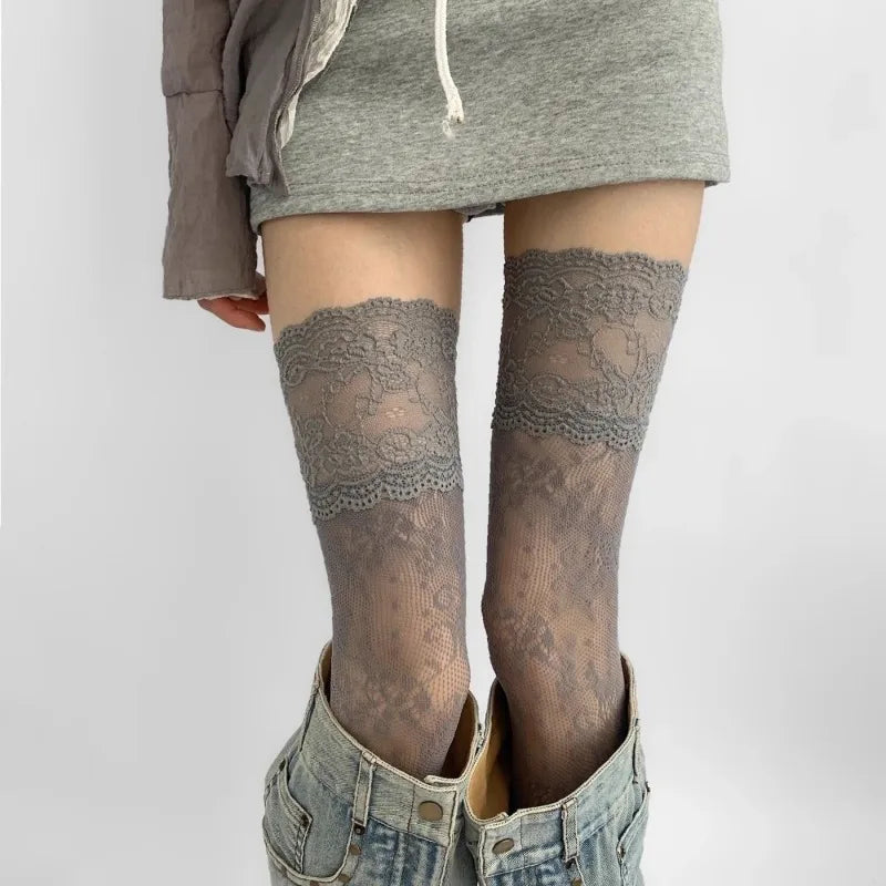 Women's Lace Floral Fishnet Thigh High Socks - Sexy Nylon Mesh Over The Knee Stockings for JK Lolita Style