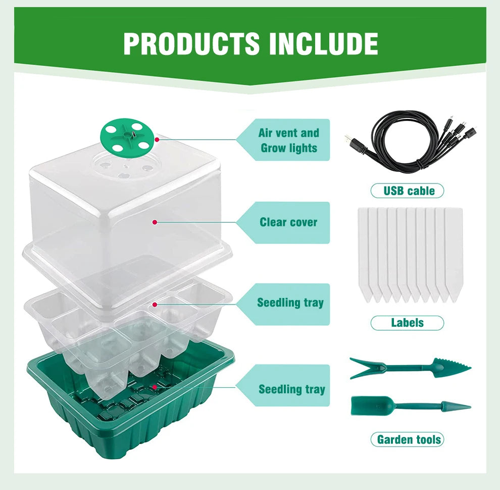 Plants Seed Starter Trays with Grow Light — 12-Hole Nursery Pots for Home, Greenhouse & Indoor Growing