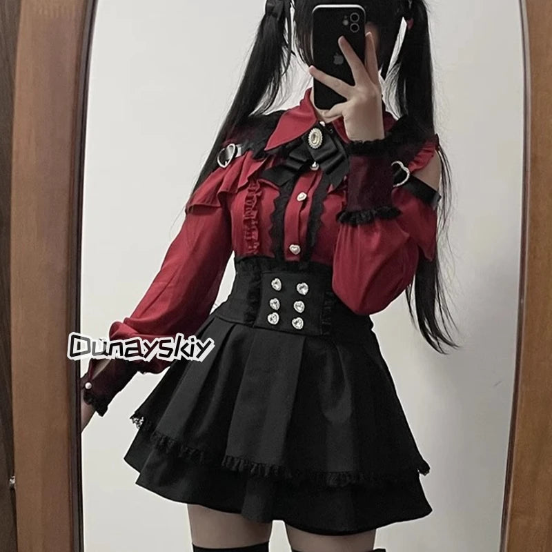 Jirai Kei Lolita Blouse Top — Y2K Sweet Japanese Style Long Shirt with Bow for Women, S-XL, 3 Colors