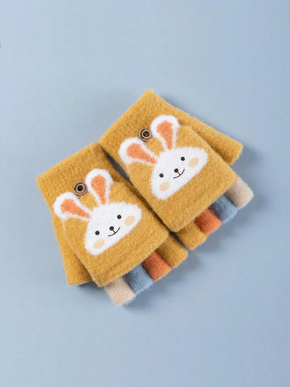 Half-Finger Gloves with Flip-Top Cover - Girls’ Winter Rabbit Fleece Gloves for Writing, Warm Cotton Handwear