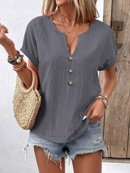 2025 Women’s V-Neck Blouse - Short Sleeve Button Casual Summer Loose Fit Solid Color Top
