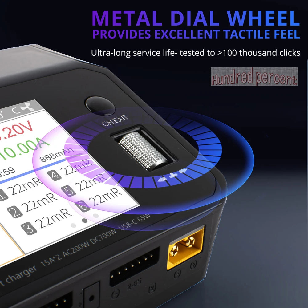 ToolkitRC M6DAC Dual Channel Smart LiPo Battery Charger – 200W AC, 350W DC x2, 15A for 1-6S LiHV PD 65W Discharger