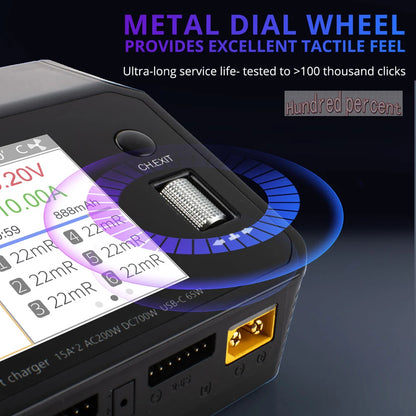 ToolkitRC M6DAC Dual Channel Smart LiPo Battery Charger – 200W AC, 350W DC x2, 15A for 1-6S LiHV PD 65W Discharger