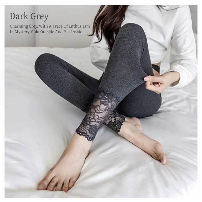 Women’s Modal Thermal Leggings – High Waisted Stretch Yoga Tights Grey Lace Trim Breathable Autumn Warm Pants