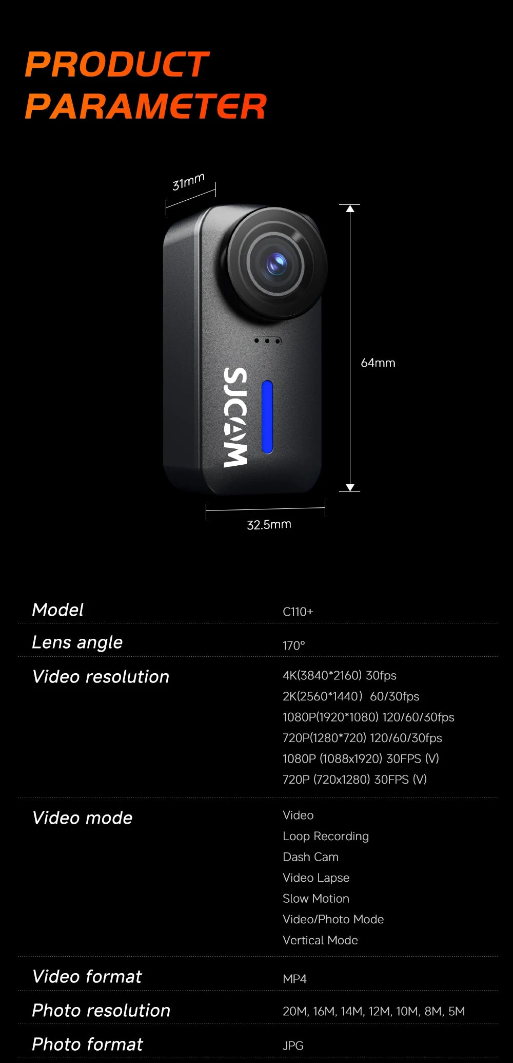 SJCAM C110+ 4K Action Camera – 30fps, 6-Axis GYRO, WiFi Remote, 1050mAh, Portable Sports DV for Helmet & Motorcycle