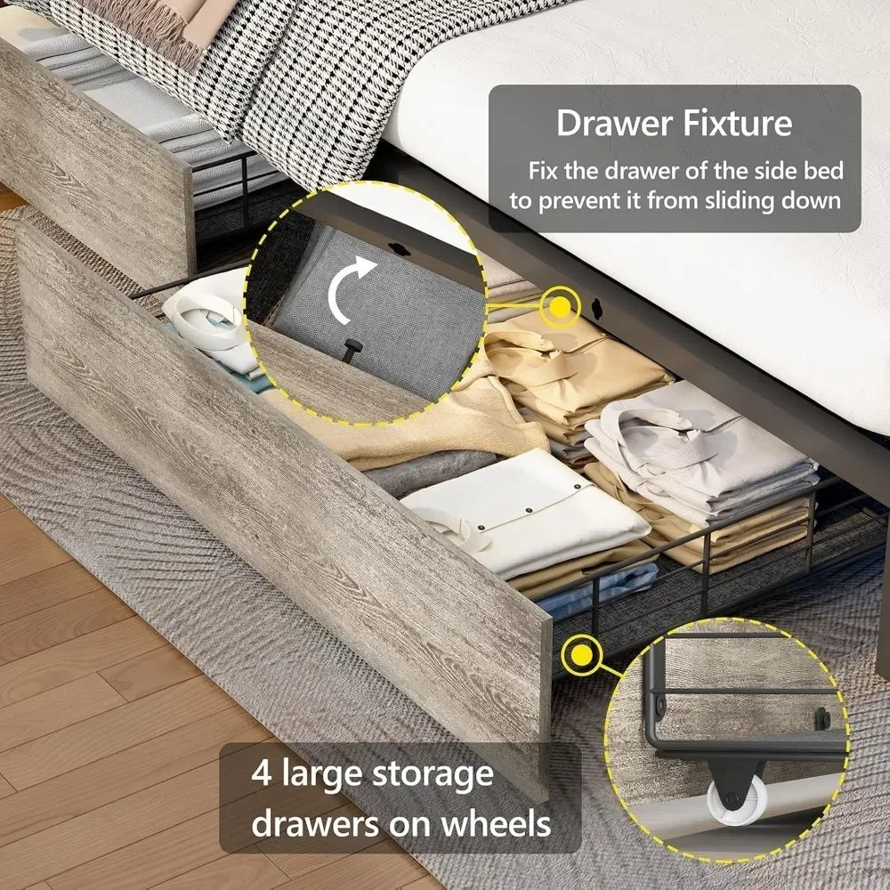 Queen Bed Frame with 4 Storage Drawers – Upholstered LED Bed with Bookcase Headboard, Type-C & USB Charging Station