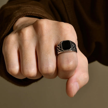 Punk Vintage Ethnic Rings for Men – Retro Viking Knot Rune, Black Geometric Square Stone Signet Jewelry