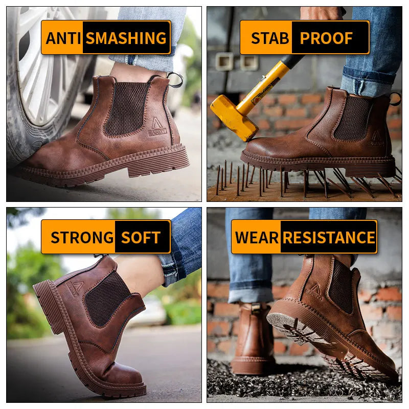 Waterproof Safety Work Shoes for Men – Steel Toe Leather Boots, Indestructible Construction Footwear in Brown