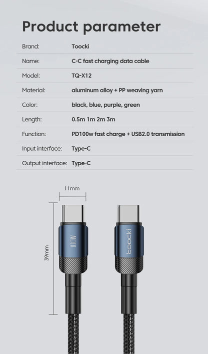 Toocki PD 100W/60W Type-C to Type-C Cable – Quick Charge 3.0 Fast Charging for iPhone 15, Huawei, Samsung, Xiaomi