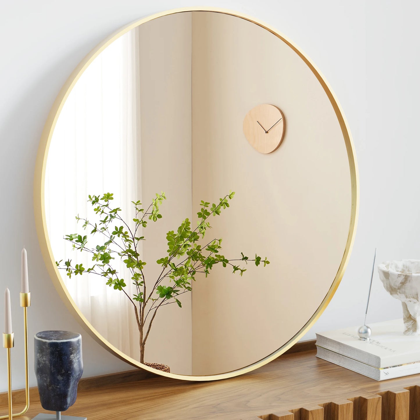 Large 30" Round Wall Mirror – Gold Matte Metal Frame Vanity Mirror with Tempered Glass for Bedroom & Living Room