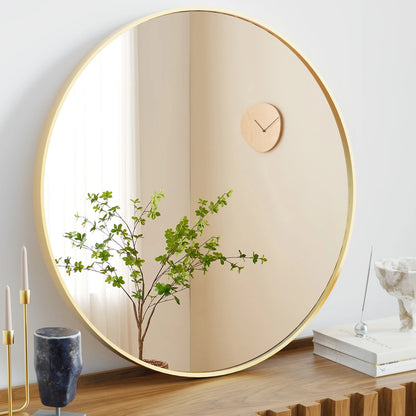 Large 30" Round Wall Mirror – Gold Matte Metal Frame Vanity Mirror with Tempered Glass for Bedroom & Living Room
