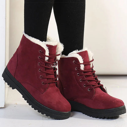 Women's Winter Fur Boots 2025 – Warm Ankle Snow Boots with Low Heels, Black Footwear for Women