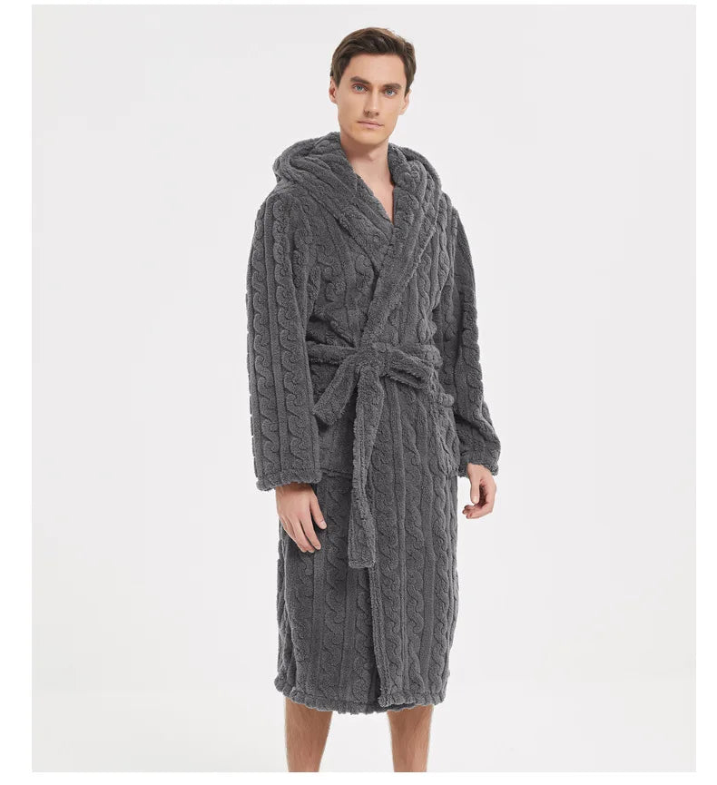 Men’s Fall & Winter Warm Hooded Robe – Thickened Cotton Velvet Jacquard Homewear for Couples