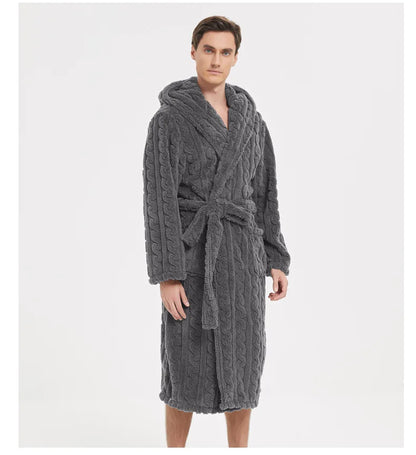 Men’s Fall & Winter Warm Hooded Robe – Thickened Cotton Velvet Jacquard Homewear for Couples