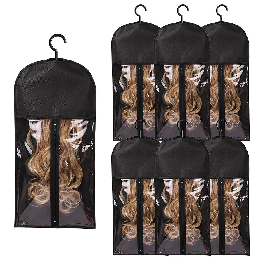 6pcs Long Hair Extension Storage Bags | Non-Woven Dust-Proof Carrier with Plastic Hanger for Home & Salon Organization