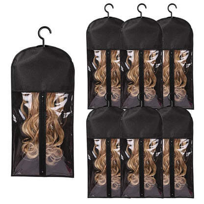 6pcs Long Hair Extension Storage Bags | Non-Woven Dust-Proof Carrier with Plastic Hanger for Home & Salon Organization