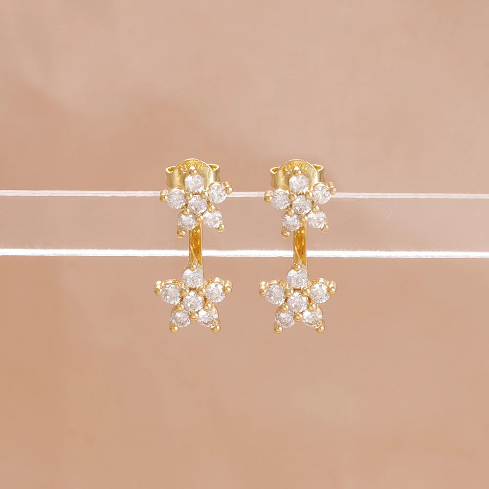 French Design Double Flower Dangle Earrings – Stainless Steel Crystal Cartilage Piercing Jewelry for Women