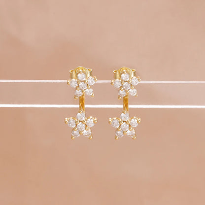 French Design Double Flower Dangle Earrings – Stainless Steel Crystal Cartilage Piercing Jewelry for Women