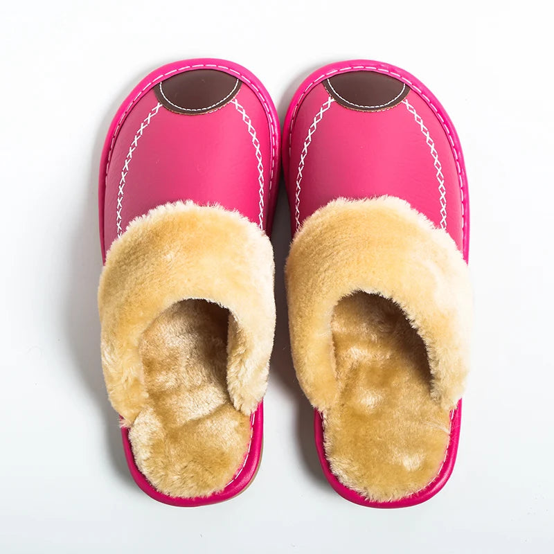 Men’s Winter Leather Slippers — Waterproof, Thick Velvet Cotton Indoor Home Shoes, Warm Bedroom Footwear