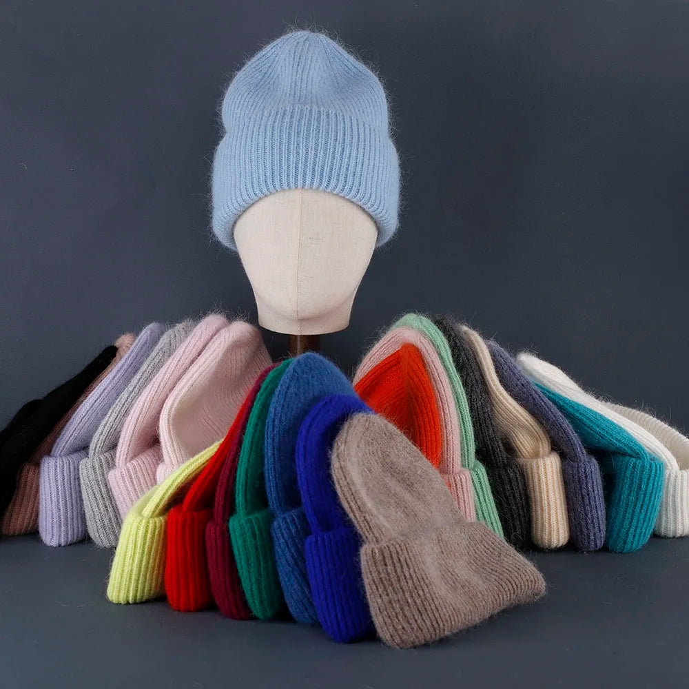 2024 Rabbit Fur Beanie – Soft Fluffy Winter Hat for Women, Angora Knitted Skullies, Warm Bonnet Knit Cap