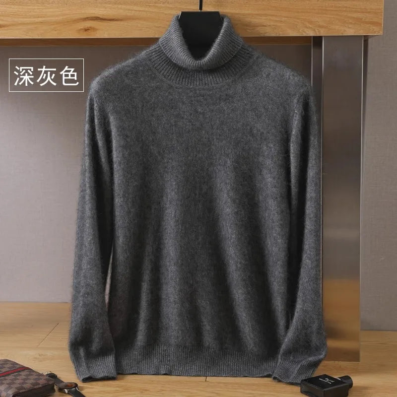 Men's Pure Mink Velvet Cashmere Sweater - High Lapel Long Sleeve Knitted Winter Luxury Pullover Top