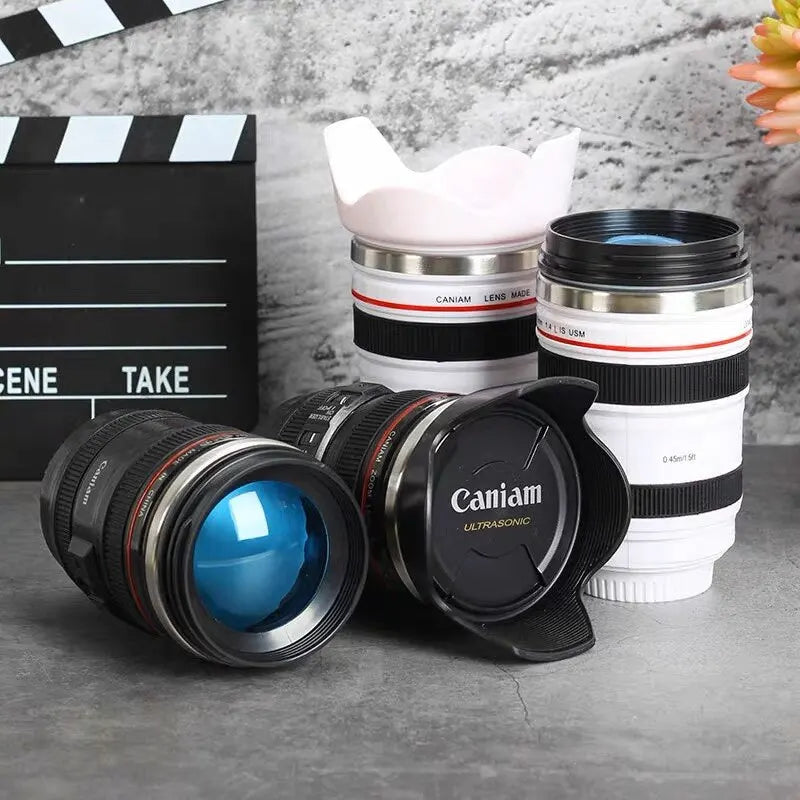 SLR Lens Cup - Camera Lens Model Plastic Casual Cup with Lid EF24-105mm Coffee Mug, White/Black - Creative Gift
