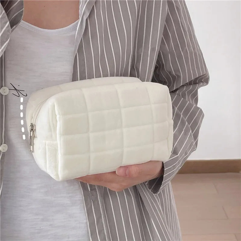 Solid Fur Cosmetic Storage Bag – Large Women’s Zipper Makeup Organizer Handbag, Stationery & Travel Toiletry Case