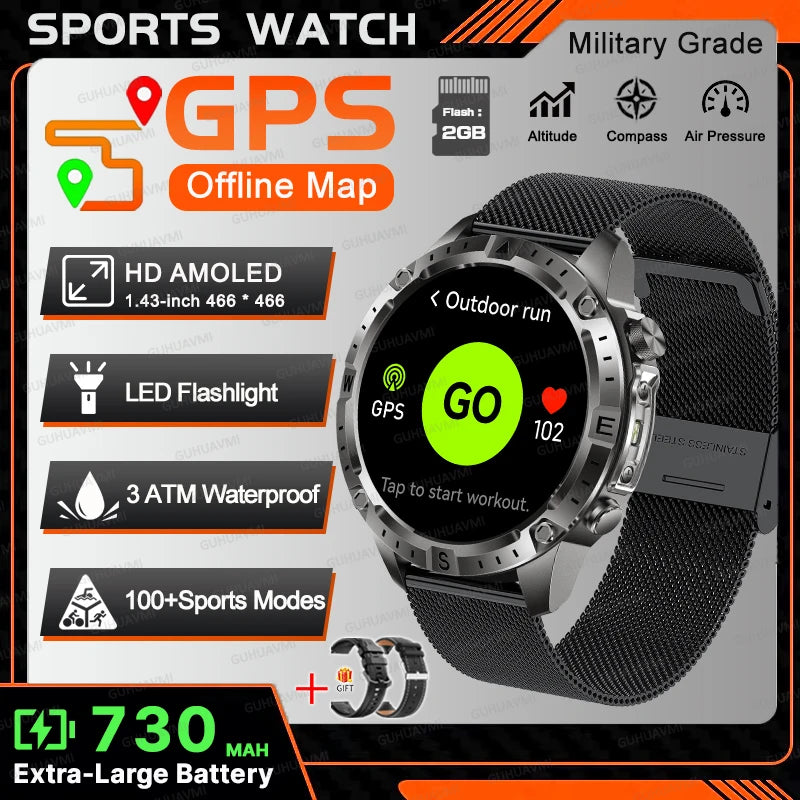 All-Terrain GPS Sports Smartwatch - Offline Maps, Altimeter, Barometer, Compass, 3ATM Waterproof & 730mAh Battery