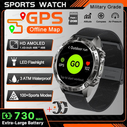 All-Terrain GPS Sports Smartwatch - Offline Maps, Altimeter, Barometer, Compass, 3ATM Waterproof & 730mAh Battery