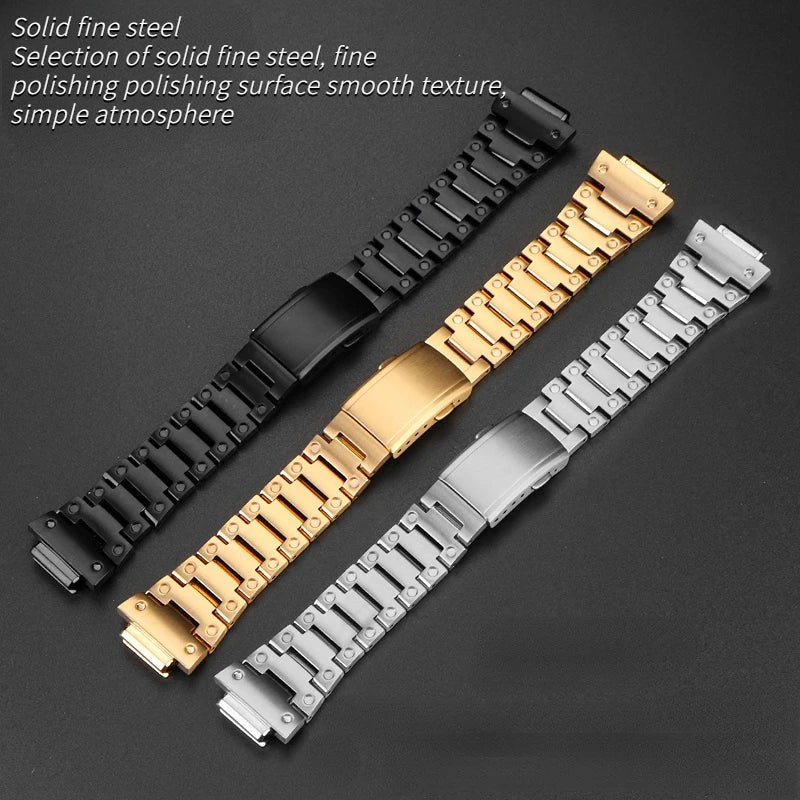 Stainless Steel Metal Case & Strap for Casio G-SHOCK DW5600, GW-M5610, 5000 & GW-B5600 – Gold & Black Modified Watchband