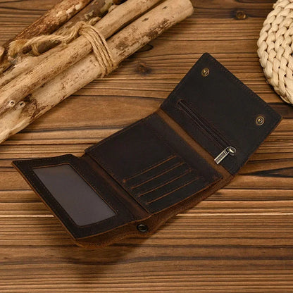 Men’s Genuine Leather Short Wallet with Chain – Trifold Zipper Clutch, Card Holder & Coin Purse
