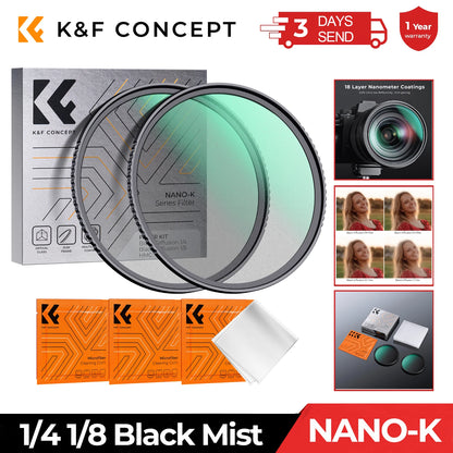 K&F Concept Black Mist Diffusion Filter 1/4 1/8 Multi-Coated, Compatible with Nikon DSLR Lenses, Sizes 49mm to 82mm