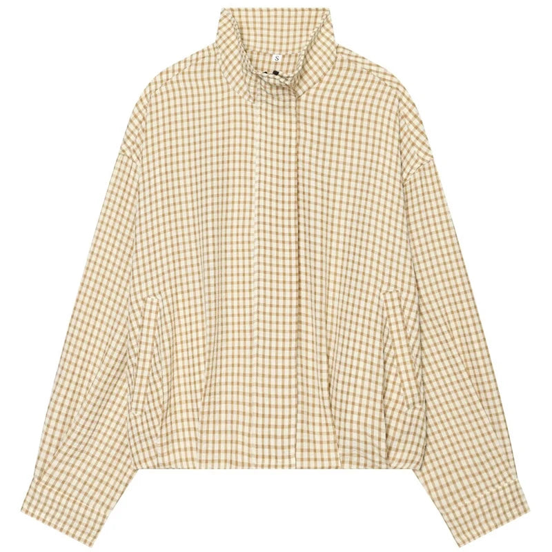 HXAO Plaid Bomber Jacket for Women - Oversized Cropped Long Sleeve Zipper Jacket for Spring & Autumn Casual Wear